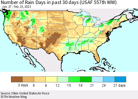 United States Number of Rain Days in past 30 days (USAF 557th WW) 02/25/2023 Thematic Map For 2/21/2023 - 2/25/2023