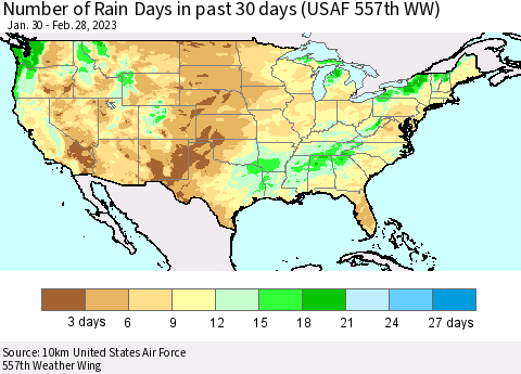 United States Number of Rain Days in past 30 days (USAF 557th WW) 02/28/2023 Thematic Map For 2/26/2023 - 2/28/2023
