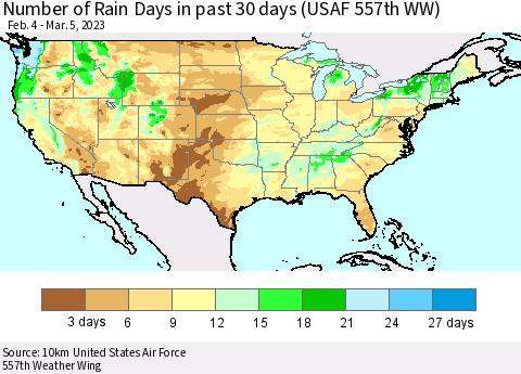 United States Number of Rain Days in past 30 days (USAF 557th WW) 03/05/2023 Thematic Map For 3/1/2023 - 3/5/2023