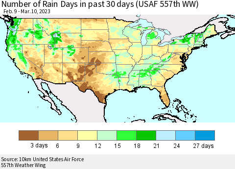 United States Number of Rain Days in past 30 days (USAF 557th WW) 03/10/2023 Thematic Map For 3/6/2023 - 3/10/2023