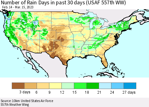 United States Number of Rain Days in past 30 days (USAF 557th WW) 03/15/2023 Thematic Map For 3/11/2023 - 3/15/2023