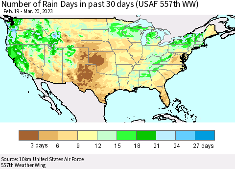 United States Number of Rain Days in past 30 days (USAF 557th WW) 03/20/2023 Thematic Map For 3/16/2023 - 3/20/2023