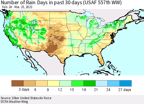 United States Number of Rain Days in past 30 days (USAF 557th WW) 03/25/2023 Thematic Map For 3/21/2023 - 3/25/2023