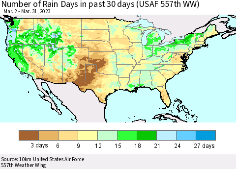 United States Number of Rain Days in past 30 days (USAF 557th WW) 03/31/2023 Thematic Map For 3/26/2023 - 3/31/2023
