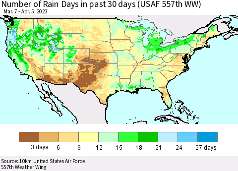 United States Number of Rain Days in past 30 days (USAF 557th WW) 04/05/2023 Thematic Map For 4/1/2023 - 4/5/2023