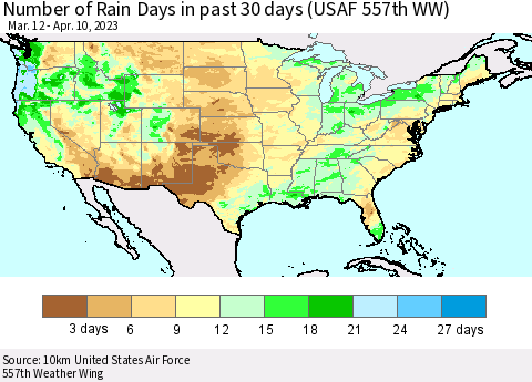United States Number of Rain Days in past 30 days (USAF 557th WW) 04/10/2023 Thematic Map For 4/6/2023 - 4/10/2023