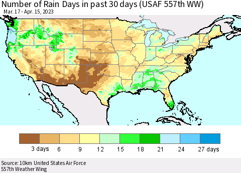 United States Number of Rain Days in past 30 days (USAF 557th WW) 04/15/2023 Thematic Map For 4/11/2023 - 4/15/2023