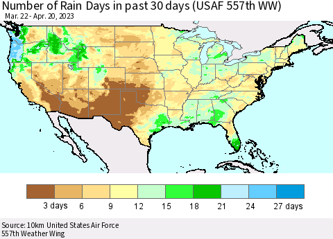 United States Number of Rain Days in past 30 days (USAF 557th WW) 04/20/2023 Thematic Map For 4/16/2023 - 4/20/2023