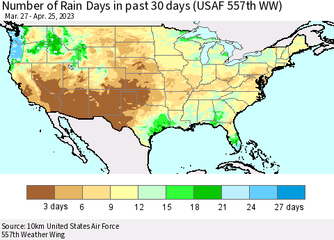 United States Number of Rain Days in past 30 days (USAF 557th WW) 04/25/2023 Thematic Map For 4/21/2023 - 4/25/2023