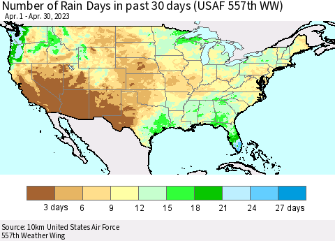 United States Number of Rain Days in past 30 days (USAF 557th WW) 04/30/2023 Thematic Map For 4/26/2023 - 4/30/2023