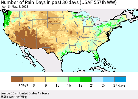 United States Number of Rain Days in past 30 days (USAF 557th WW) 05/05/2023 Thematic Map For 5/1/2023 - 5/5/2023