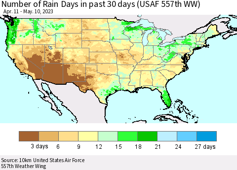 United States Number of Rain Days in past 30 days (USAF 557th WW) 05/10/2023 Thematic Map For 5/6/2023 - 5/10/2023