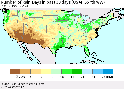 United States Number of Rain Days in past 30 days (USAF 557th WW) 05/15/2023 Thematic Map For 5/11/2023 - 5/15/2023