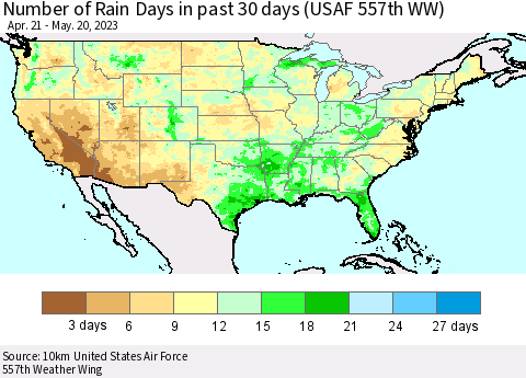 United States Number of Rain Days in past 30 days (USAF 557th WW) 05/20/2023 Thematic Map For 5/16/2023 - 5/20/2023