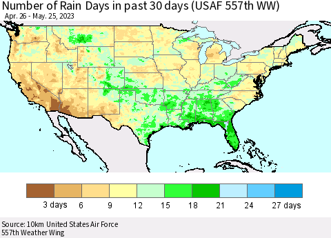 United States Number of Rain Days in past 30 days (USAF 557th WW) 05/25/2023 Thematic Map For 5/21/2023 - 5/25/2023