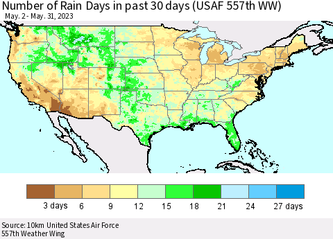 United States Number of Rain Days in past 30 days (USAF 557th WW) 05/31/2023 Thematic Map For 5/26/2023 - 5/31/2023