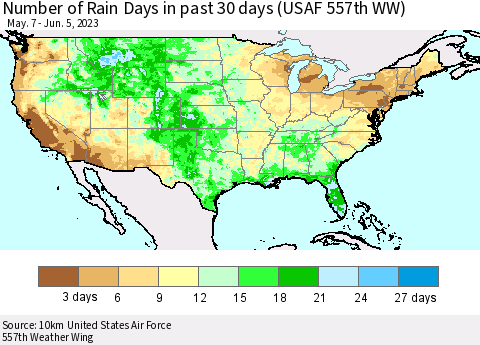 United States Number of Rain Days in past 30 days (USAF 557th WW) 06/05/2023 Thematic Map For 6/1/2023 - 6/5/2023