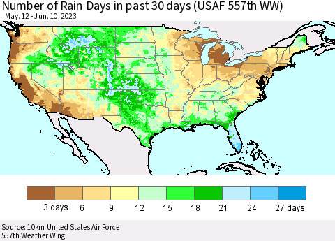 United States Number of Rain Days in past 30 days (USAF 557th WW) 06/10/2023 Thematic Map For 6/6/2023 - 6/10/2023
