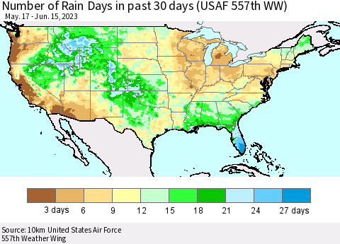 United States Number of Rain Days in past 30 days (USAF 557th WW) 06/15/2023 Thematic Map For 6/11/2023 - 6/15/2023