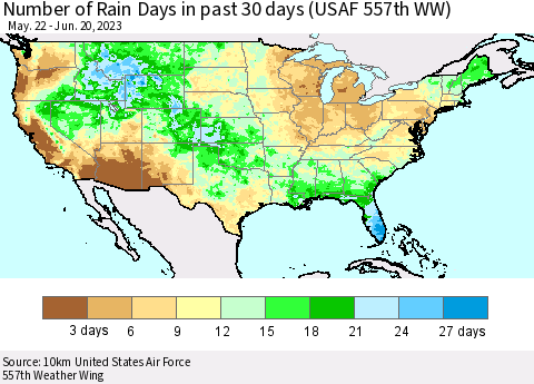 United States Number of Rain Days in past 30 days (USAF 557th WW) 06/20/2023 Thematic Map For 6/16/2023 - 6/20/2023