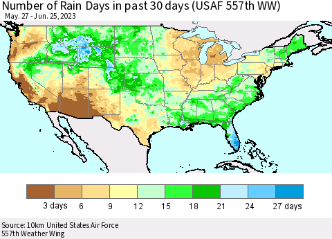United States Number of Rain Days in past 30 days (USAF 557th WW) 06/25/2023 Thematic Map For 6/21/2023 - 6/25/2023