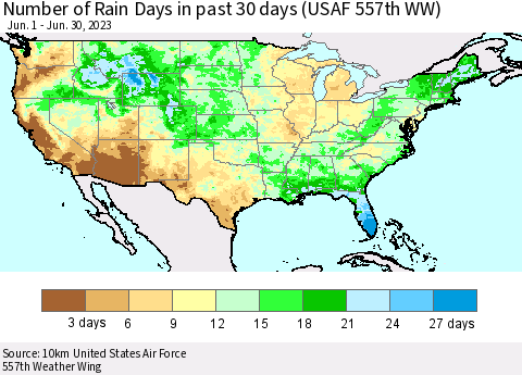 United States Number of Rain Days in past 30 days (USAF 557th WW) 06/30/2023 Thematic Map For 6/26/2023 - 6/30/2023