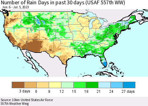 United States Number of Rain Days in past 30 days (USAF 557th WW) 07/05/2023 Thematic Map For 7/1/2023 - 7/5/2023