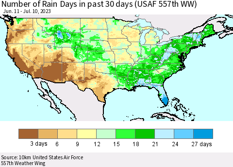 United States Number of Rain Days in past 30 days (USAF 557th WW) 07/10/2023 Thematic Map For 7/6/2023 - 7/10/2023