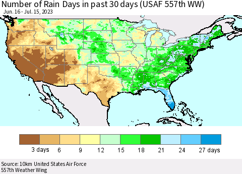 United States Number of Rain Days in past 30 days (USAF 557th WW) 07/15/2023 Thematic Map For 7/11/2023 - 7/15/2023