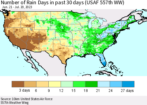 United States Number of Rain Days in past 30 days (USAF 557th WW) 07/20/2023 Thematic Map For 7/16/2023 - 7/20/2023