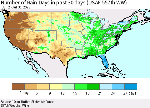 United States Number of Rain Days in past 30 days (USAF 557th WW) 07/31/2023 Thematic Map For 7/26/2023 - 7/31/2023