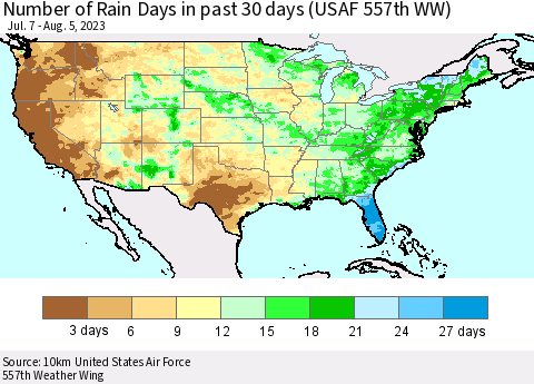 United States Number of Rain Days in past 30 days (USAF 557th WW) 08/05/2023 Thematic Map For 8/1/2023 - 8/5/2023