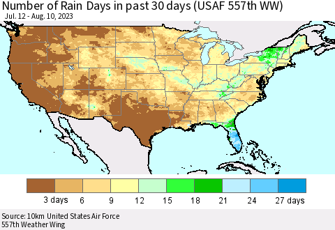 United States Number of Rain Days in past 30 days (USAF 557th WW) 08/10/2023 Thematic Map For 8/6/2023 - 8/10/2023