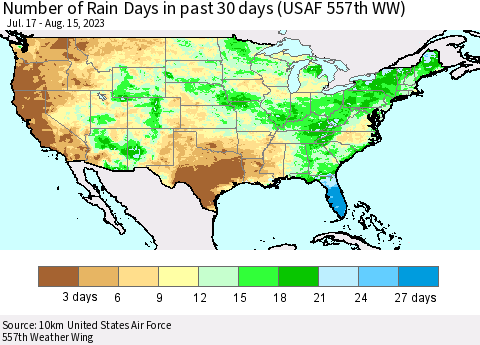 United States Number of Rain Days in past 30 days (USAF 557th WW) 08/15/2023 Thematic Map For 8/11/2023 - 8/15/2023