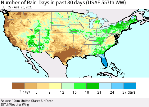 United States Number of Rain Days in past 30 days (USAF 557th WW) 08/20/2023 Thematic Map For 8/16/2023 - 8/20/2023