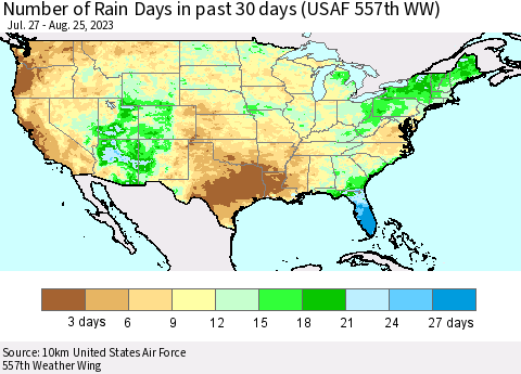 United States Number of Rain Days in past 30 days (USAF 557th WW) 08/25/2023 Thematic Map For 8/21/2023 - 8/25/2023