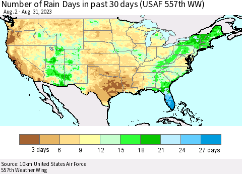 United States Number of Rain Days in past 30 days (USAF 557th WW) 08/31/2023 Thematic Map For 8/26/2023 - 8/31/2023