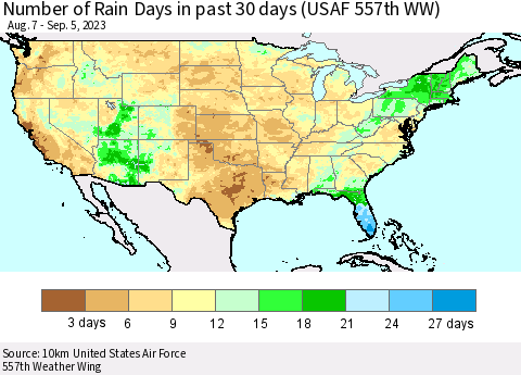United States Number of Rain Days in past 30 days (USAF 557th WW) 09/05/2023 Thematic Map For 9/1/2023 - 9/5/2023
