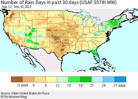 United States Number of Rain Days in past 30 days (USAF 557th WW) 09/10/2023 Thematic Map For 9/6/2023 - 9/10/2023