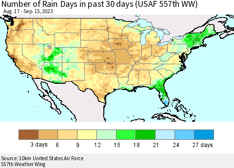United States Number of Rain Days in past 30 days (USAF 557th WW) 09/15/2023 Thematic Map For 9/11/2023 - 9/15/2023