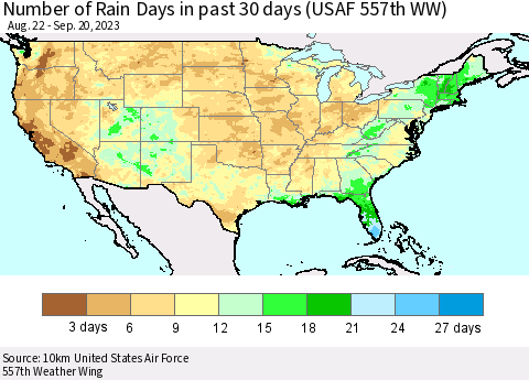 United States Number of Rain Days in past 30 days (USAF 557th WW) 09/20/2023 Thematic Map For 9/16/2023 - 9/20/2023