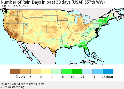 United States Number of Rain Days in past 30 days (USAF 557th WW) 09/25/2023 Thematic Map For 9/21/2023 - 9/25/2023