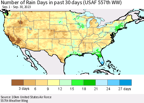 United States Number of Rain Days in past 30 days (USAF 557th WW) 09/30/2023 Thematic Map For 9/26/2023 - 9/30/2023