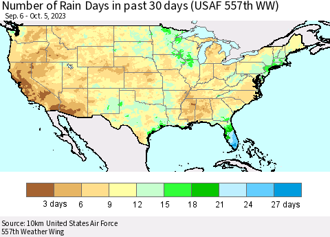 United States Number of Rain Days in past 30 days (USAF 557th WW) 10/05/2023 Thematic Map For 10/1/2023 - 10/5/2023