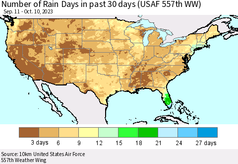 United States Number of Rain Days in past 30 days (USAF 557th WW) 10/10/2023 Thematic Map For 10/6/2023 - 10/10/2023