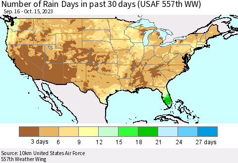 United States Number of Rain Days in past 30 days (USAF 557th WW) 10/15/2023 Thematic Map For 10/11/2023 - 10/15/2023