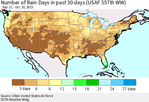 United States Number of Rain Days in past 30 days (USAF 557th WW) 10/20/2023 Thematic Map For 10/16/2023 - 10/20/2023