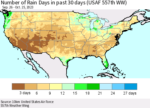 United States Number of Rain Days in past 30 days (USAF 557th WW) 10/25/2023 Thematic Map For 10/21/2023 - 10/25/2023