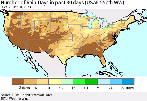 United States Number of Rain Days in past 30 days (USAF 557th WW) 10/31/2023 Thematic Map For 10/26/2023 - 10/31/2023