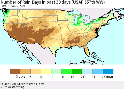 United States Number of Rain Days in past 30 days (USAF 557th WW) 11/05/2023 Thematic Map For 11/1/2023 - 11/5/2023
